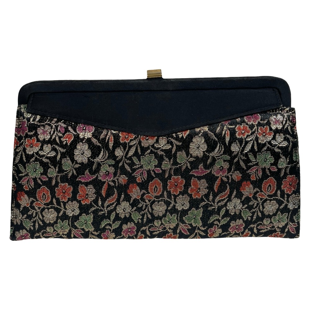 Vintage Asian Floral Brocade Clutch Purse Womens Black Gold Metallic Bag 60s MCM